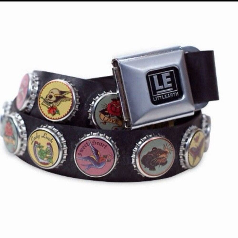 Vintage Y2K Little Earth Bottle Cap Seatbelt Buckle Belt Tattoo Punk Rubber